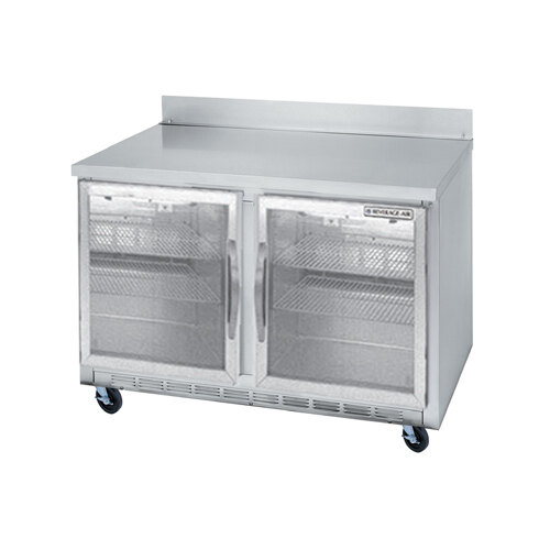 A stainless steel Beverage-Air worktop refrigerator with two glass doors.