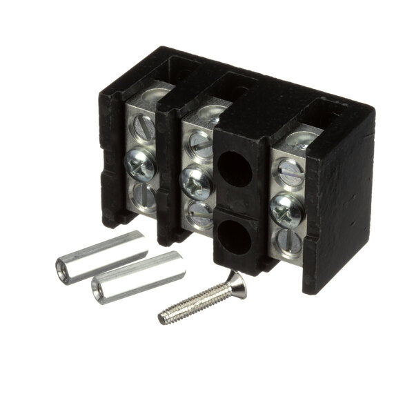 A black Wells terminal block with two screws and two nuts.