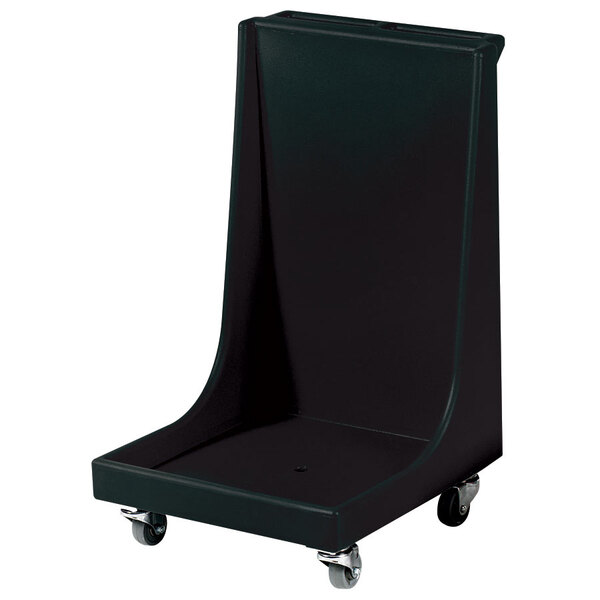 A black plastic cart with wheels and a formed plastic handle.