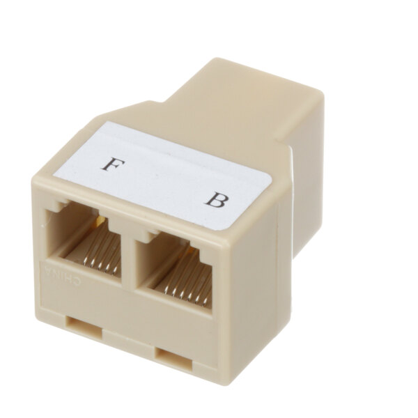 A white Duke 156059 RJ-45 connector with two F connectors.