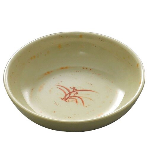 A white melamine bowl with red and gold orchid design.