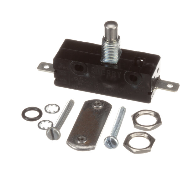 A black and silver Antunes microswitch with nuts and bolts.