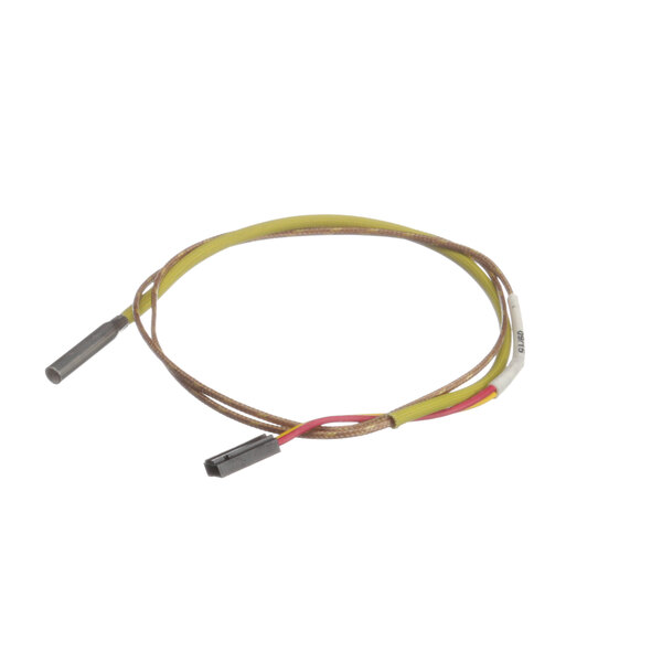 A yellow, white, and red wire thermocouple with a connector.