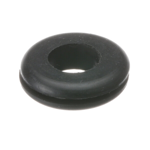 A black rubber Vulcan grommet with a hole in it.