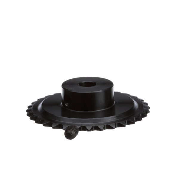 A black metal sprocket with round holes.