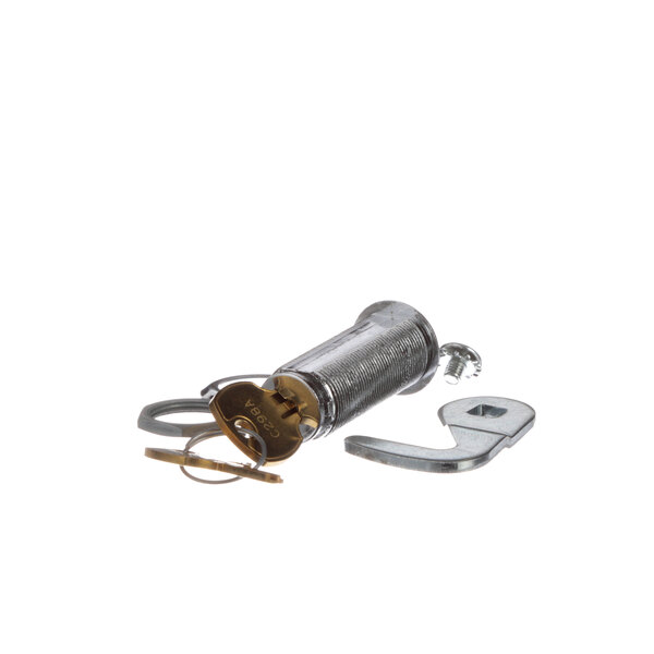 A metal cylinder with a key and a metal ring attached to it.