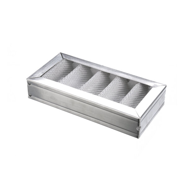 A silver rectangular metal filter with holes.