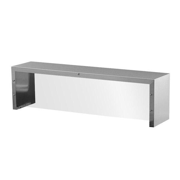 A long stainless steel shelf with a white rectangular acrylic panel.