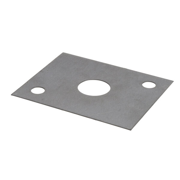 A grey square metal plate with holes.