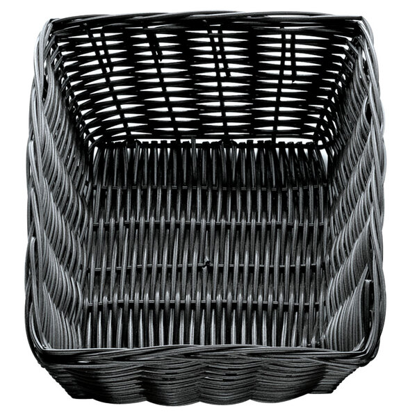 A black rectangular Tablecraft rattan bread basket with a handle.