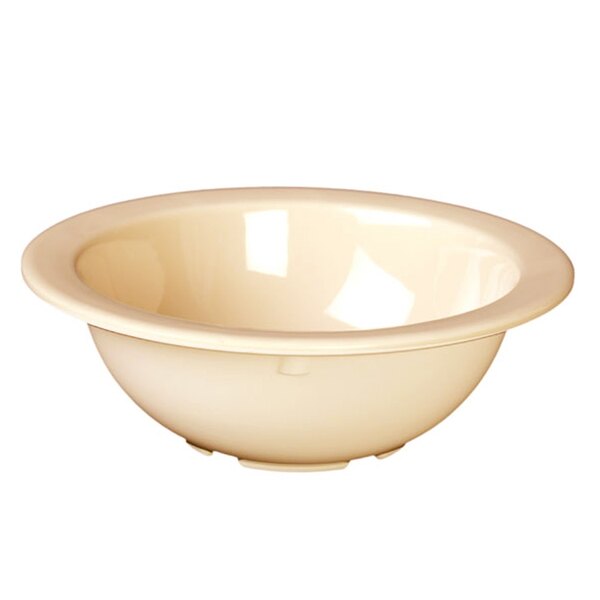 A white melamine bowl with a rim.