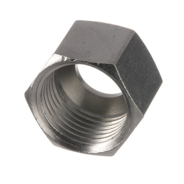 A close-up of a stainless steel Keating nut.