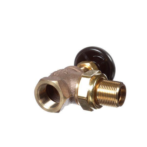 A close-up of a Vulcan brass steam control valve with a black knob.