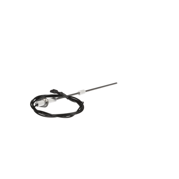 A Bakers Pride flame sensor with a black wire and a metal rod.