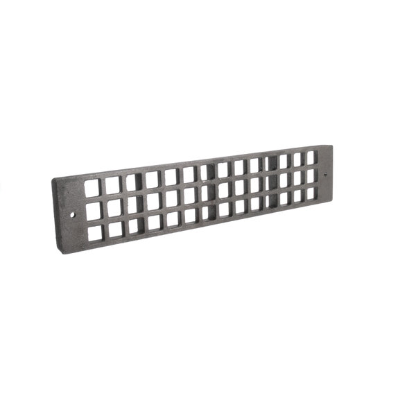 A grey rectangular metal grid with holes in it.