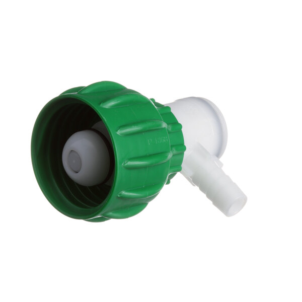 A green and white plastic hose nozzle with a round center.