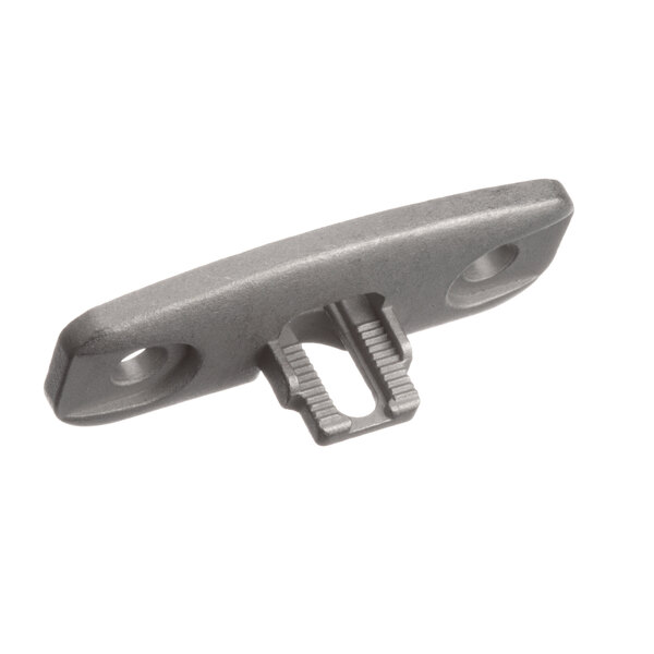A close-up of a grey metal Rational Holding Bracket for a door catch with a screw.