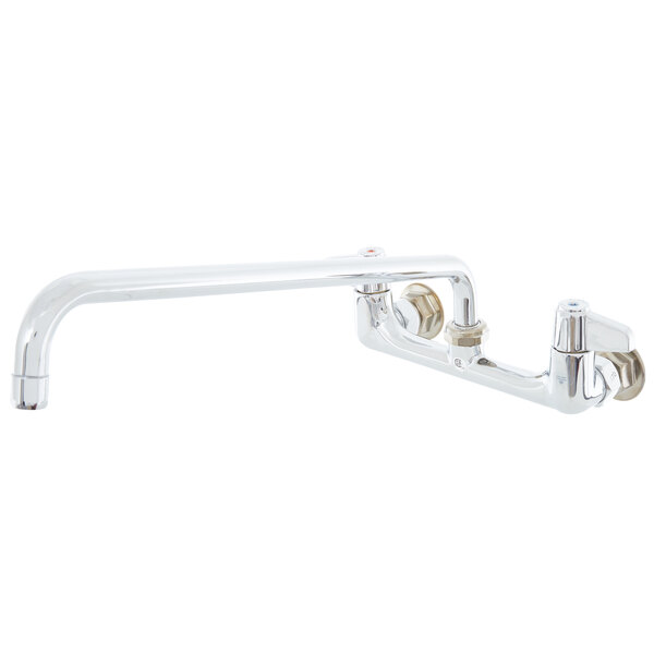 A silver Equip by T&S wall mounted faucet with lever handles and a 16 1/8" swing spout.