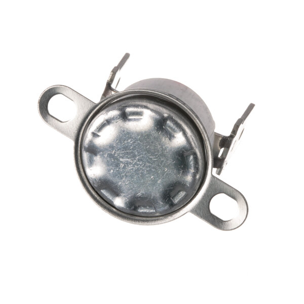 A small round metal Vollrath low water thermostat with two holes.