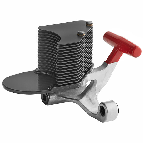 A black metal and red plastic Vollrath pusher head.