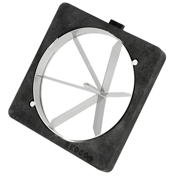 A black square with silver metal blades in a circular pattern.