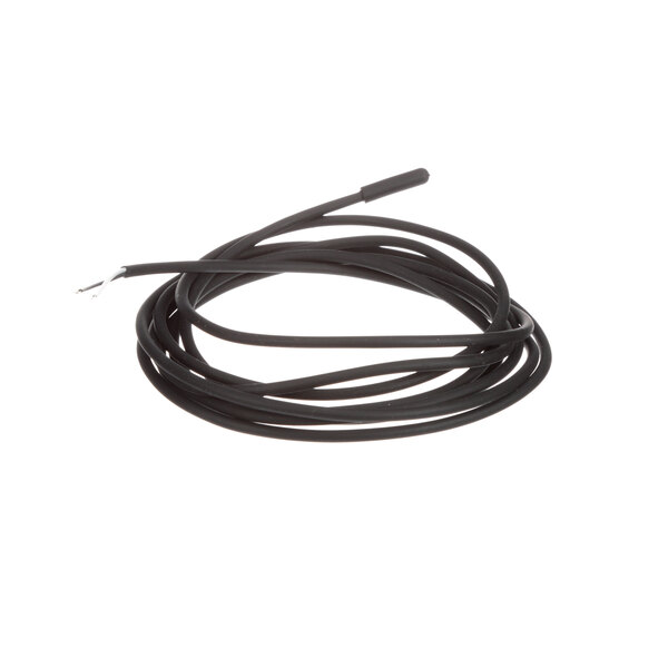 A black cable on a white background with a silver tip.