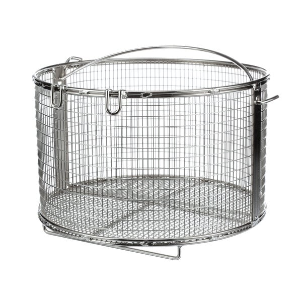 A stainless steel BKI fryer basket with wire handles.