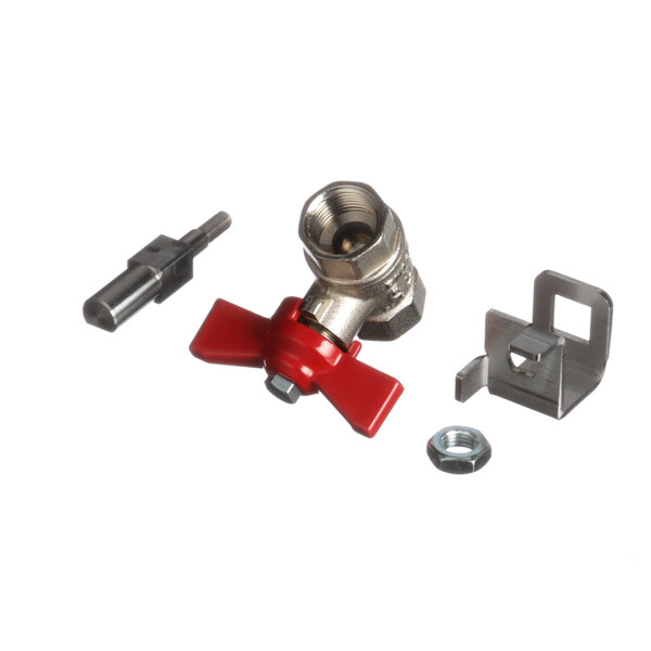 A Dito Dean valve extension kit with a red valve and metal nut.