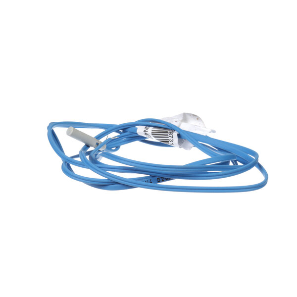 A blue cord with a white plug and a blue wire on a white background.