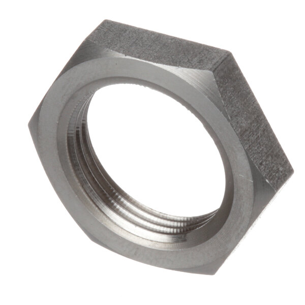 A close-up of a hexagon shaped aluminum locknut with a stainless steel thread.