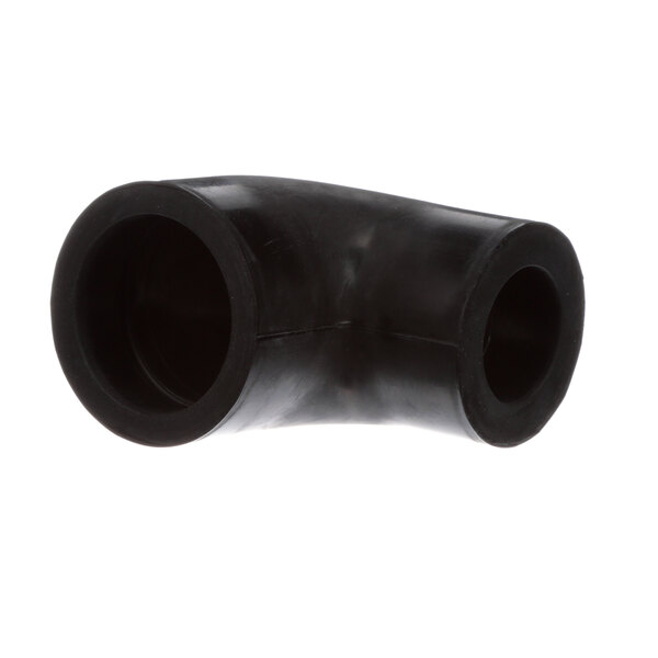 A close-up of a black plastic elbow with a small hole.