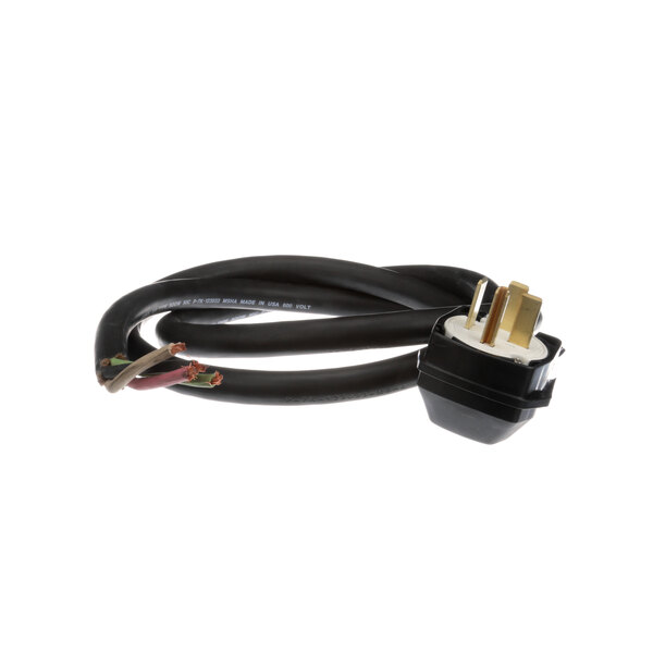 A black electrical cord with a gold plug on the end.