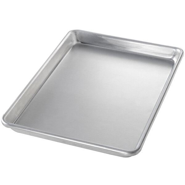 A Chicago Metallic quarter size aluminum baking tray with a curled rim.