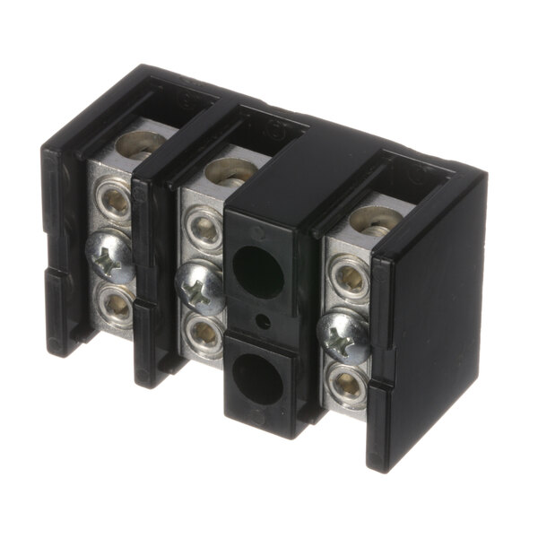 A black and silver Hobart Terminal Block with three sockets.