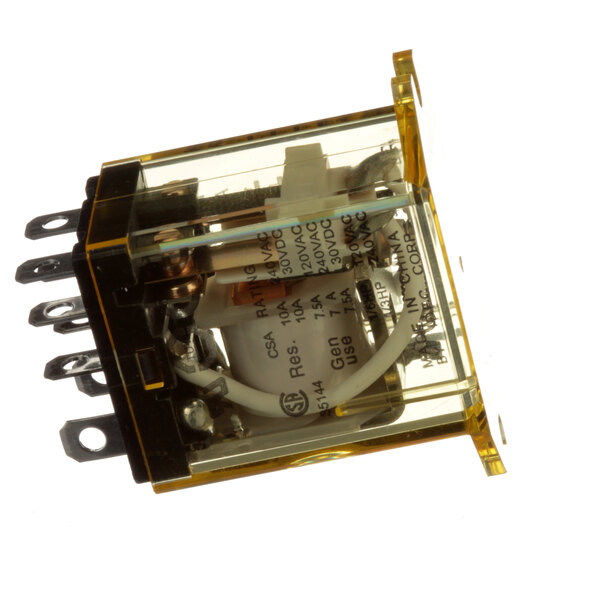 A Vulcan 24v Relay with a clear plastic cover over a yellow electrical device.