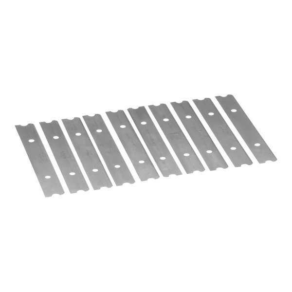 A row of silver Keating scraper blades with a row of metal strips.