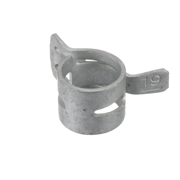 A Vulcan 19mm metal hose clamp with a hole in it.
