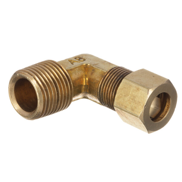 A close-up of a gold-colored brass Vulcan elbow fitting with threaded ends.