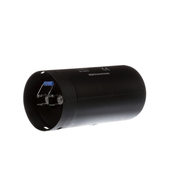 A black cylindrical Sammic start capacitor with blue and white text on it.