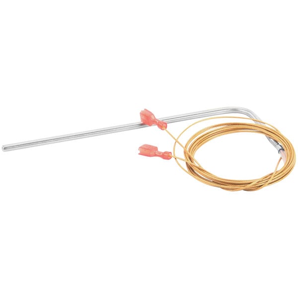 A Bakers Pride Rtd probe with a metal rod and gold and red wires.