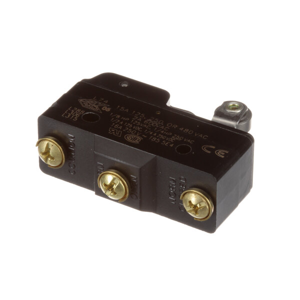 A black Cleveland Micro Switch with gold screws.