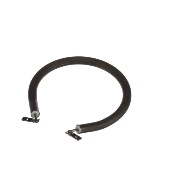 A black circular heating element with metal corners and a black cable with metal hooks.
