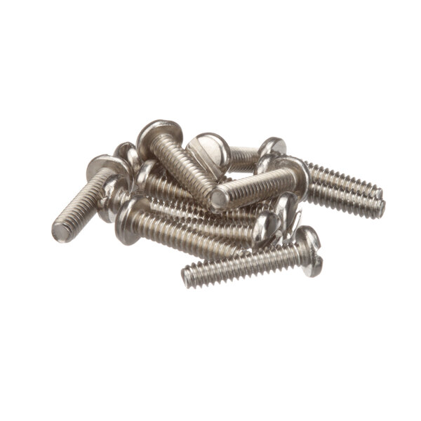 A pile of Bunn screws on a white background.