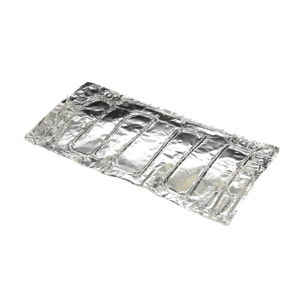 A silver foil packet with a white background.