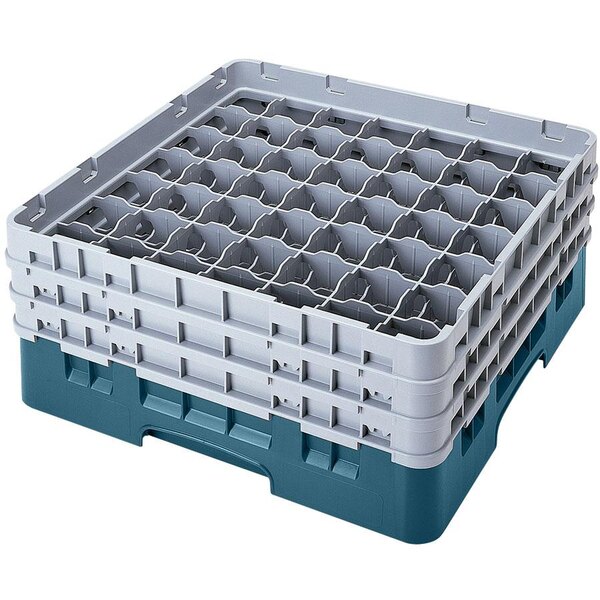 A teal plastic Cambro glass rack with 49 compartments and 2 extenders.