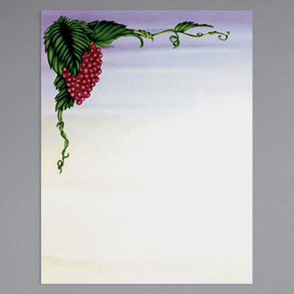 Menu paper with a white background and a drawing of grapes and leaves.