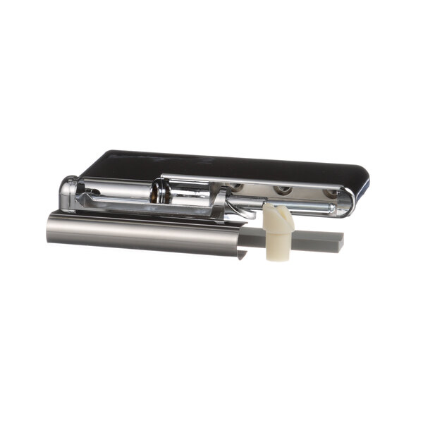 A black and silver True Refrigeration door hinge kit with a white object on it.