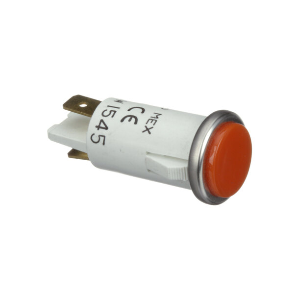 An amber signal light with a white and silver fuse and a red button.