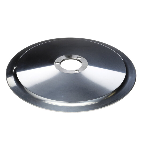 A stainless steel Globe 57 knife plate with a hole in the center.