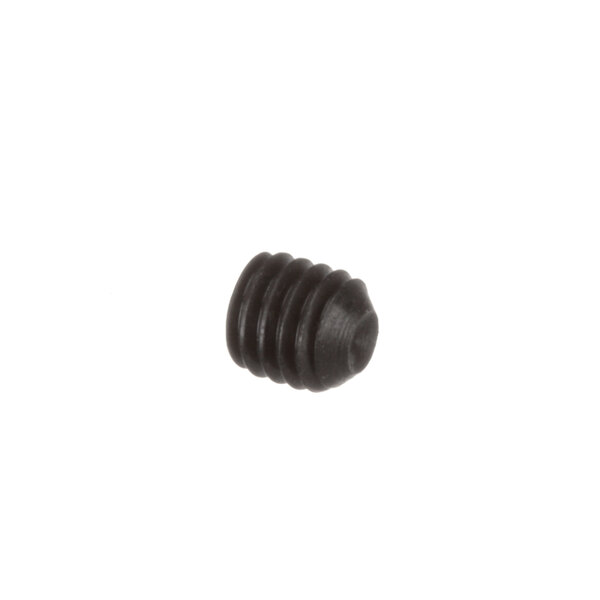 A close-up of a small black Blakeslee set screw on a white background.